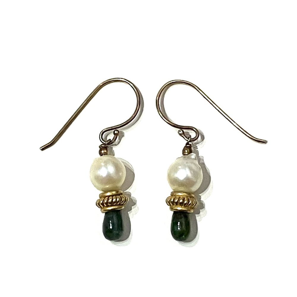 Gold Tone Pearl Natural Emerald Drop Earrings